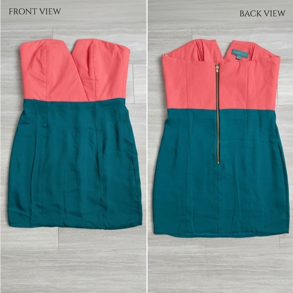 Audrey 3+1 Strapless Coral and Teal Colorblock Dress - Picture 2 of 5